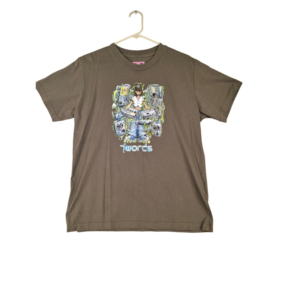 UNIF Jwords Graphic Tee Mens Small Olive Green Anime DJ Streetwear Shirt USA